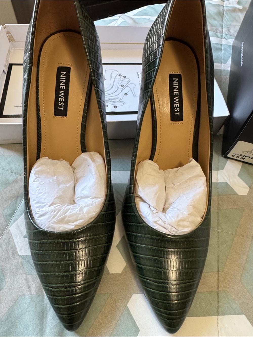 Nine West Dark Green Croc-Embossed Pointed Toe Pumps
